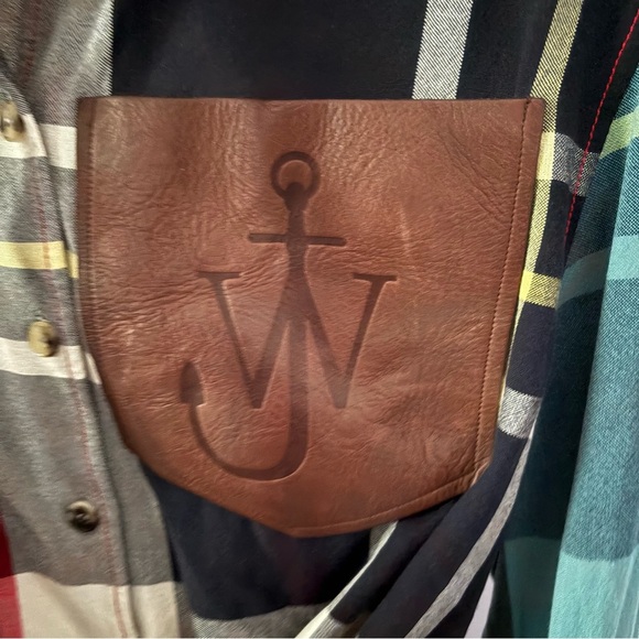 J W ANDERSON sz 4 Blue Long Sleeve Tie Plaid Button Down Leather Patch Pocket - Picture 4 of 16